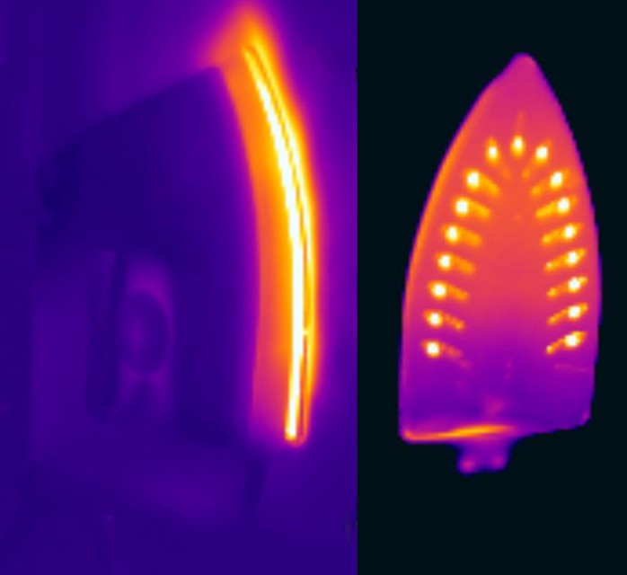 Thermography of warm clothes iron, side and below