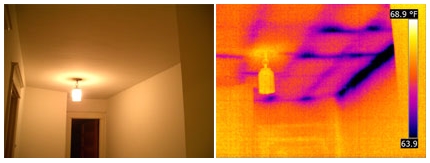 Image double en thermographie d'une humidité dans un faux-plafond. Credits: Arizona Thermal Imaging