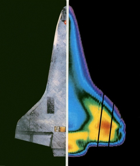 Thermische beeld van ruimtevaardig gedurende terugkomt op Aard, bron NASA via Wikipedia