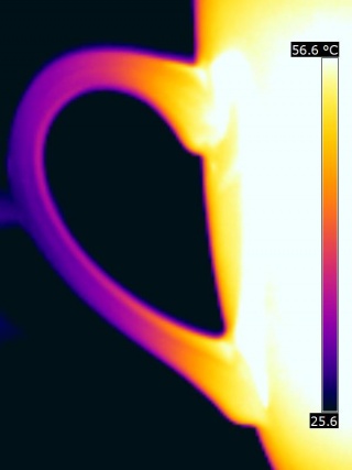 Thermography of a mug's handle, filled with hot water