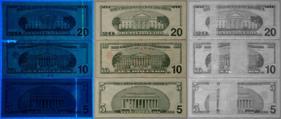 imagerie en ultraviolet, visible et infrarouge de billets de 5, 10 et 20 dollars, source: US government